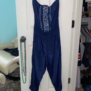 Blue Strapless Jumpsuit with Pockets